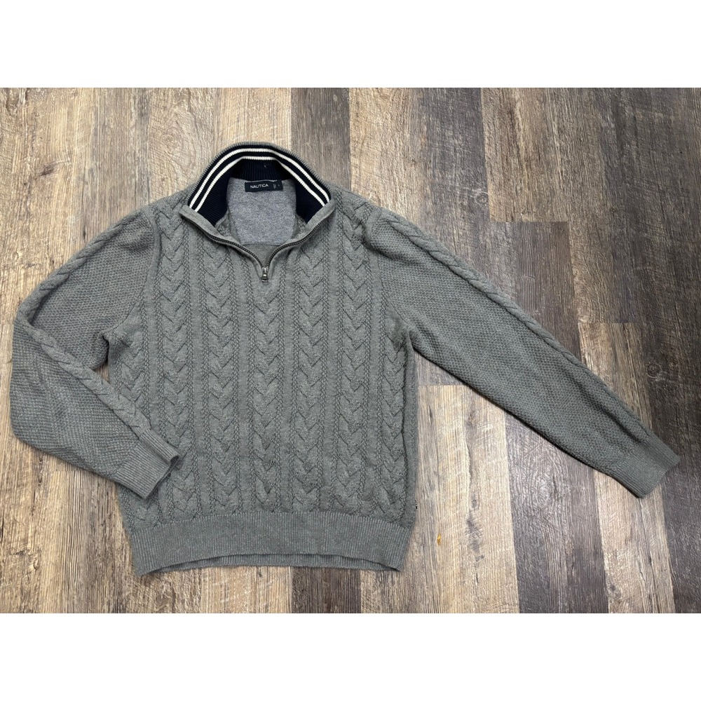 Nautica Mens Gray Cable Knit Quarter Zip Cotton Sweater Large VDR H12 317